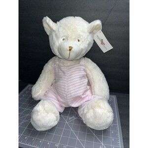 Applesauce Baby Plush 18” Cream Teddy Bear  Pink Velour Stripe Overalls Soft